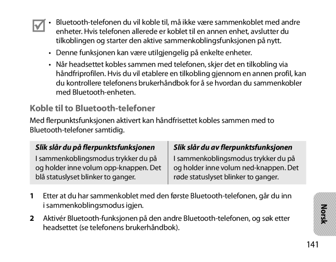 Samsung BHM7000EBRCSER, BHM7000EBECXEF, BHM7000EBECXEH, BHM7000EBECXEE manual Koble til to Bluetooth-telefoner, 141 