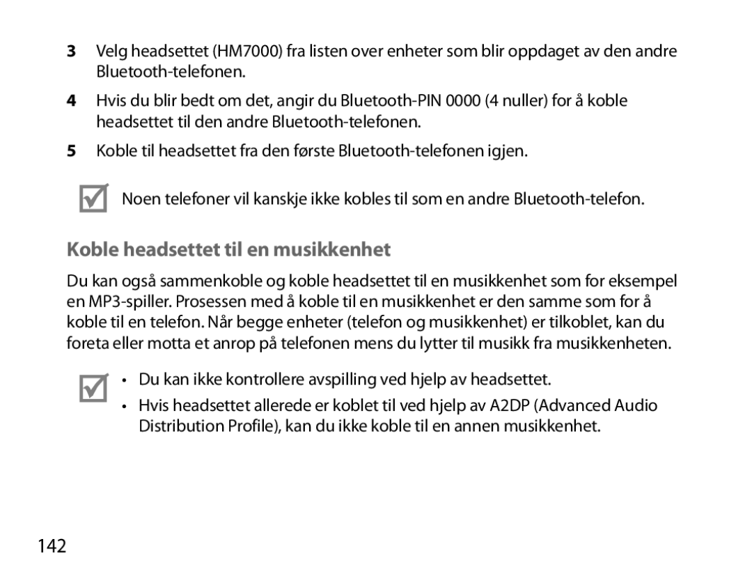 Samsung BHM7000EBECXEF, BHM7000EBECXEH, BHM7000EBECXEE, BHM7000EBRCSER manual Koble headsettet til en musikkenhet, 142 