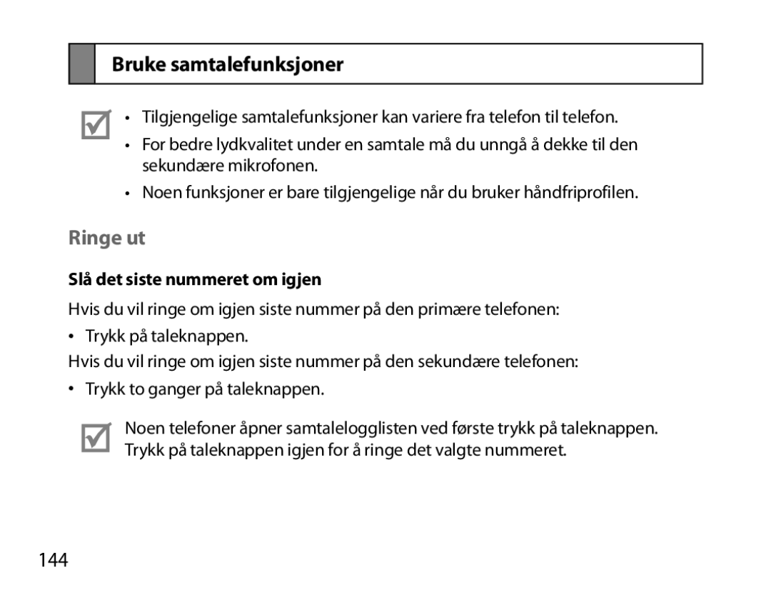 Samsung BHM7000EBECXEE, BHM7000EBECXEF manual Bruke samtalefunksjoner, Ringe ut, 144, Slå det siste nummeret om igjen 