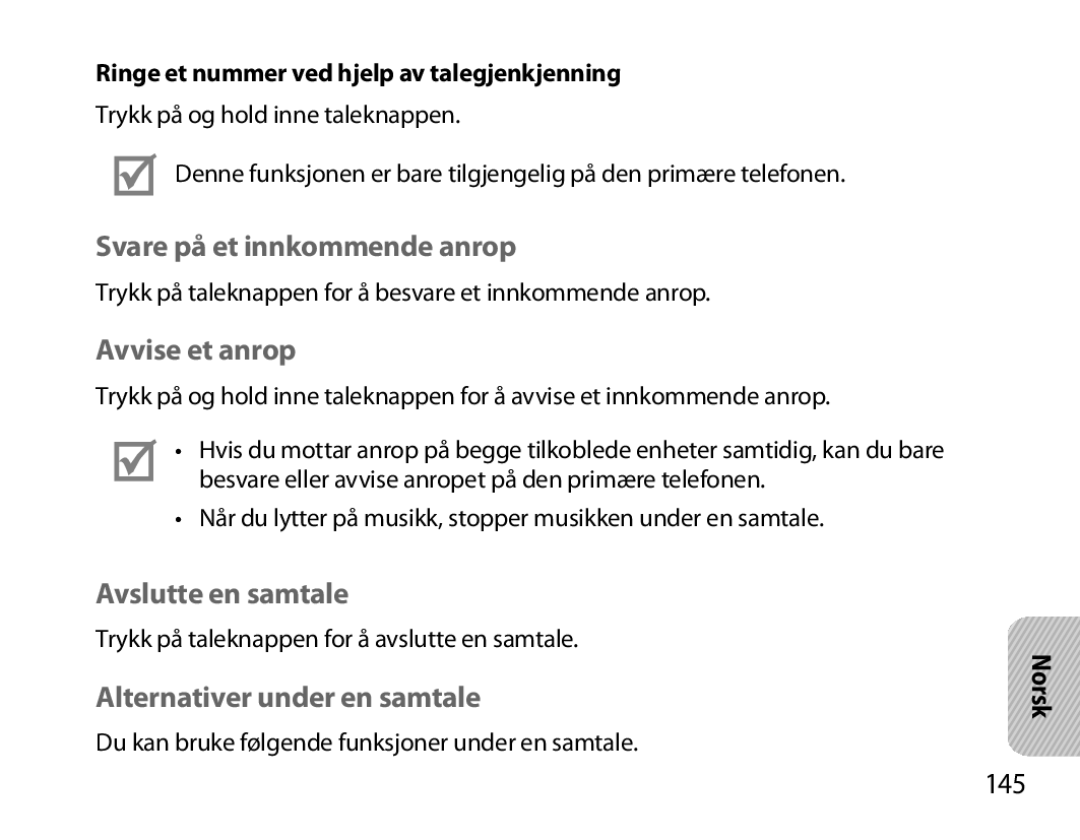 Samsung BHM7000EBRCSER Svare på et innkommende anrop, Avvise et anrop, Avslutte en samtale, Alternativer under en samtale 