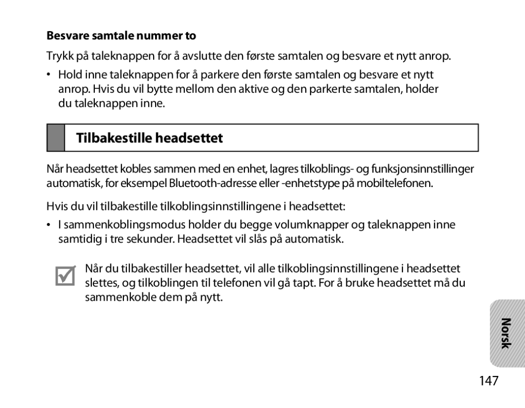 Samsung BHM7000EBECXEH, BHM7000EBECXEF, BHM7000EBECXEE manual Tilbakestille headsettet, 147, Besvare samtale nummer to 