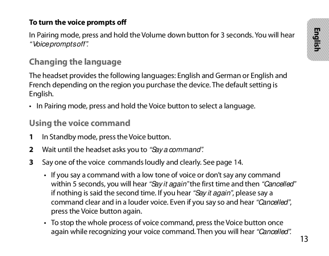 Samsung BHM7000EBRCSER, BHM7000EBECXEF manual Changing the language, Using the voice command, To turn the voice prompts off 