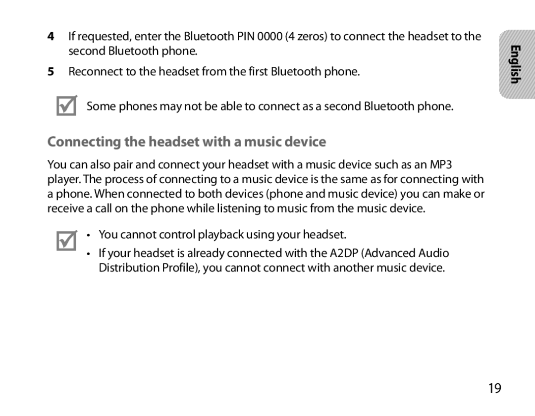 Samsung BHM7000EBECXEH, BHM7000EBECXEF, BHM7000EBECXEE, BHM7000EBRCSER manual Connecting the headset with a music device 