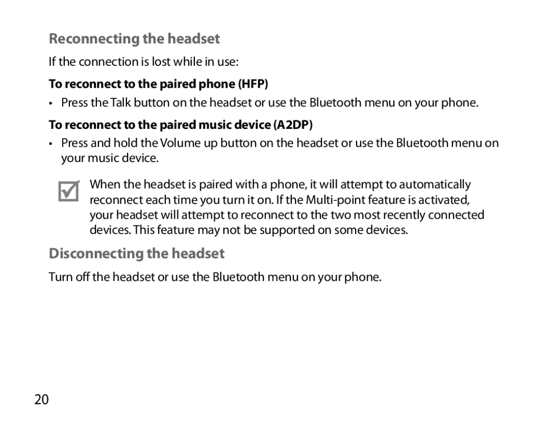 Samsung BHM7000EBECXEE manual Reconnecting the headset, Disconnecting the headset, To reconnect to the paired phone HFP 