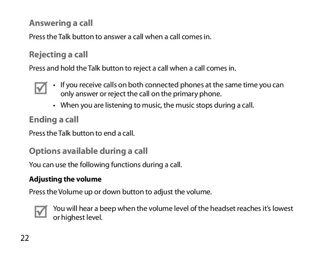 Samsung BHM7000EBECXEF, BHM7000EBECXEH Answering a call, Rejecting a call, Ending a call, Options available during a call 