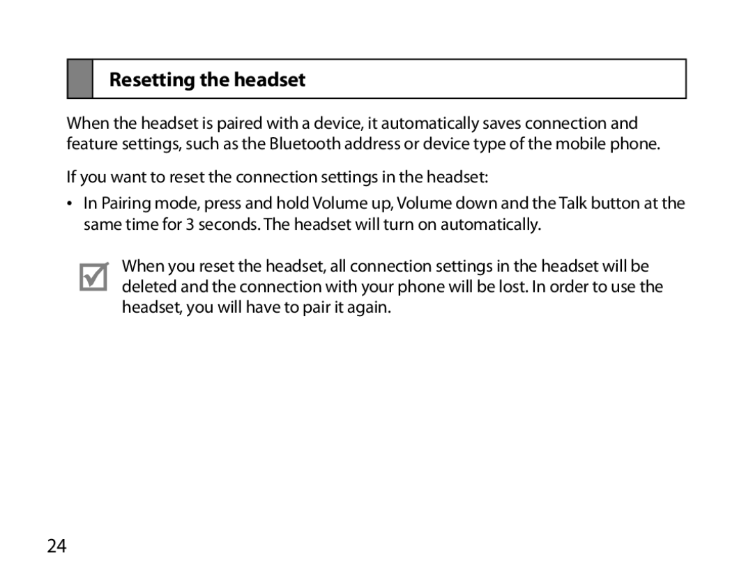 Samsung BHM7000EBECXEE, BHM7000EBECXEF, BHM7000EBECXEH, BHM7000EBRCSER manual Resetting the headset 