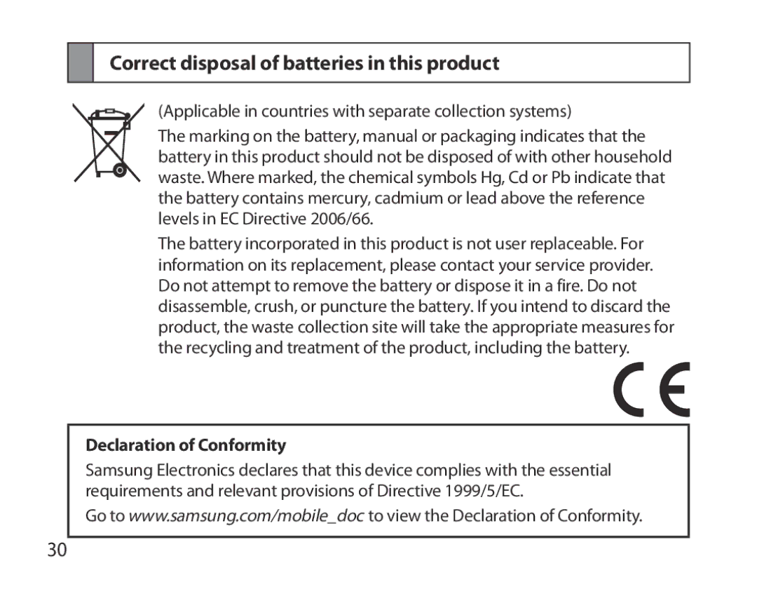 Samsung BHM7000EBECXEF, BHM7000EBECXEH manual Correct disposal of batteries in this product, Declaration of Conformity 