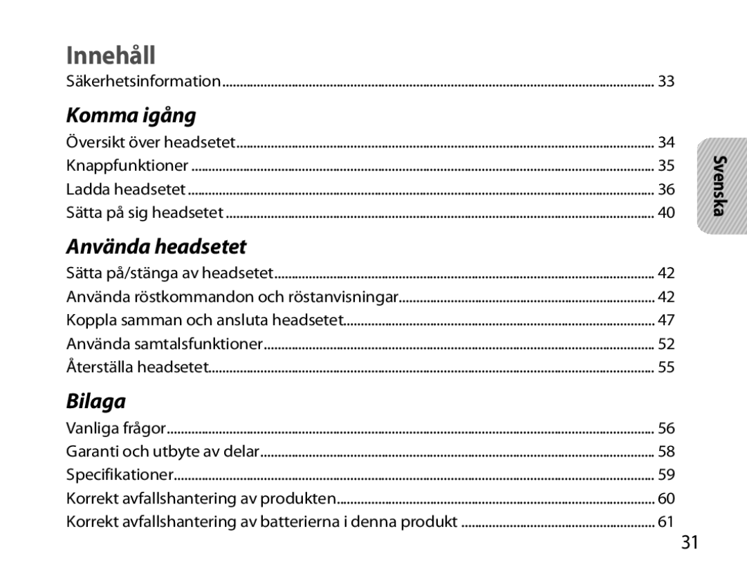 Samsung BHM7000EBECXEH, BHM7000EBECXEF, BHM7000EBECXEE, BHM7000EBRCSER manual Innehåll, Svenska 