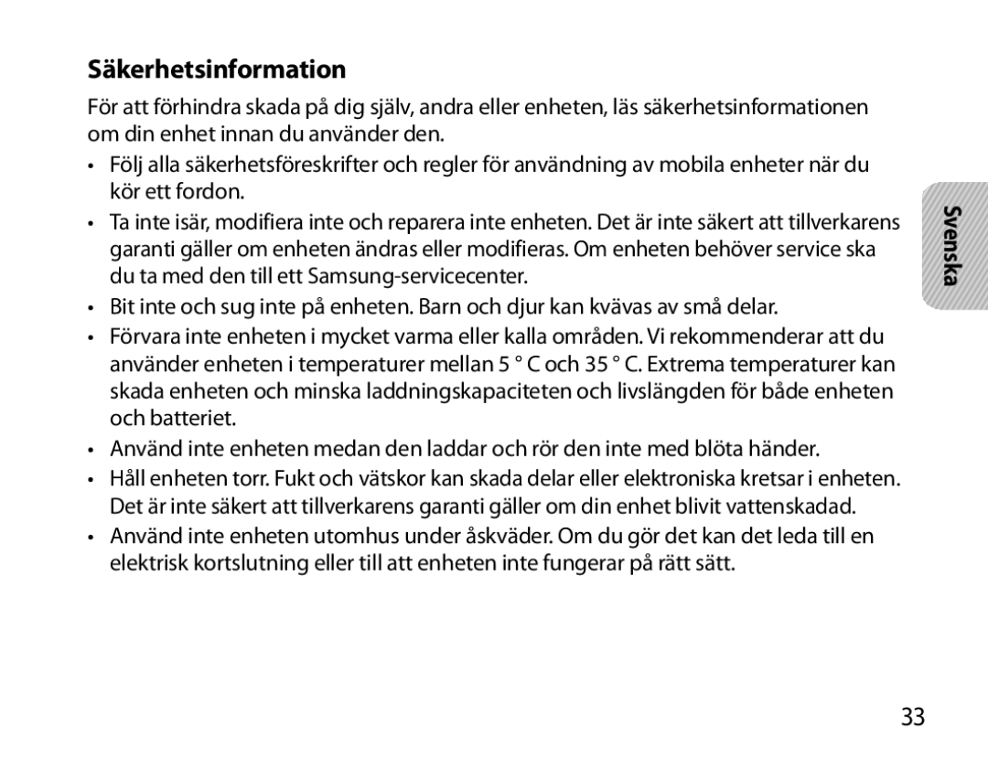 Samsung BHM7000EBRCSER, BHM7000EBECXEF, BHM7000EBECXEH, BHM7000EBECXEE manual Säkerhetsinformation 