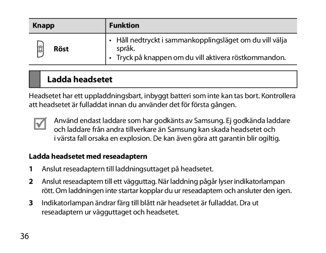 Samsung BHM7000EBECXEE, BHM7000EBECXEF, BHM7000EBECXEH, BHM7000EBRCSER manual Röst, Ladda headsetet med reseadaptern 