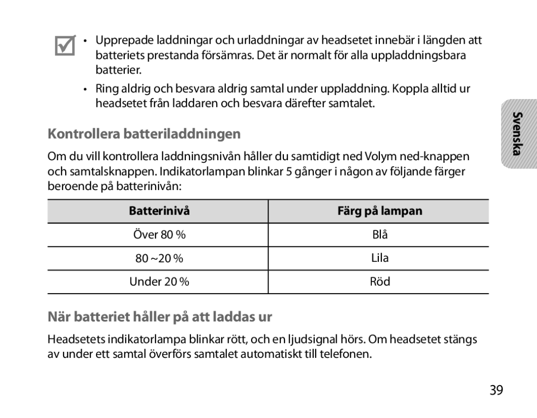 Samsung BHM7000EBECXEH Kontrollera batteriladdningen, När batteriet håller på att laddas ur, Batterinivå Färg på lampan 