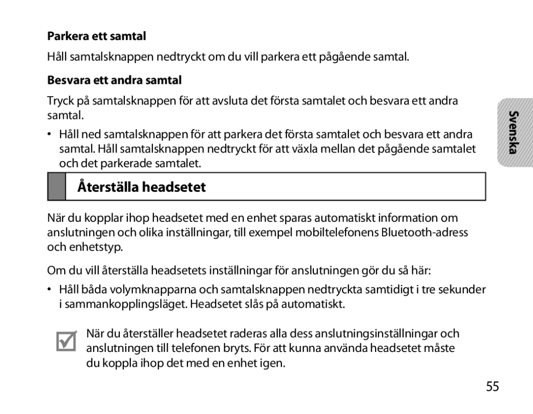 Samsung BHM7000EBECXEH, BHM7000EBECXEF, BHM7000EBECXEE Återställa headsetet, Parkera ett samtal, Besvara ett andra samtal 