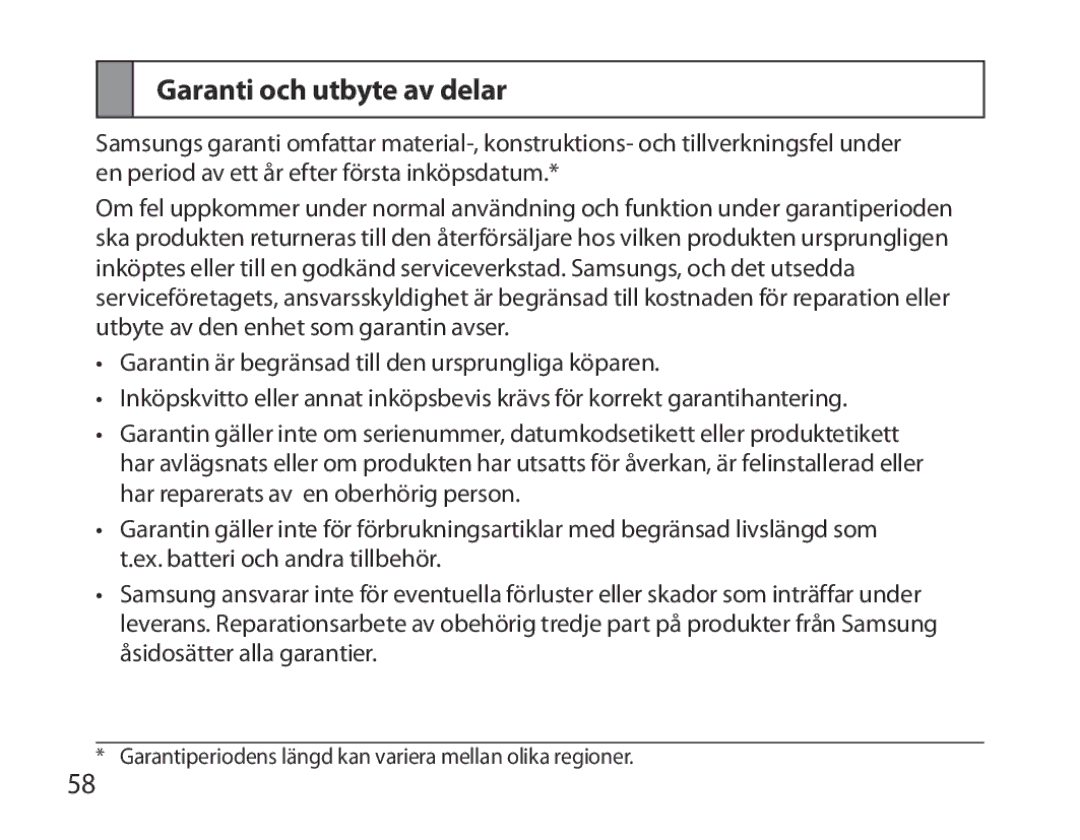 Samsung BHM7000EBECXEF, BHM7000EBECXEH, BHM7000EBECXEE, BHM7000EBRCSER manual Garanti och utbyte av delar 