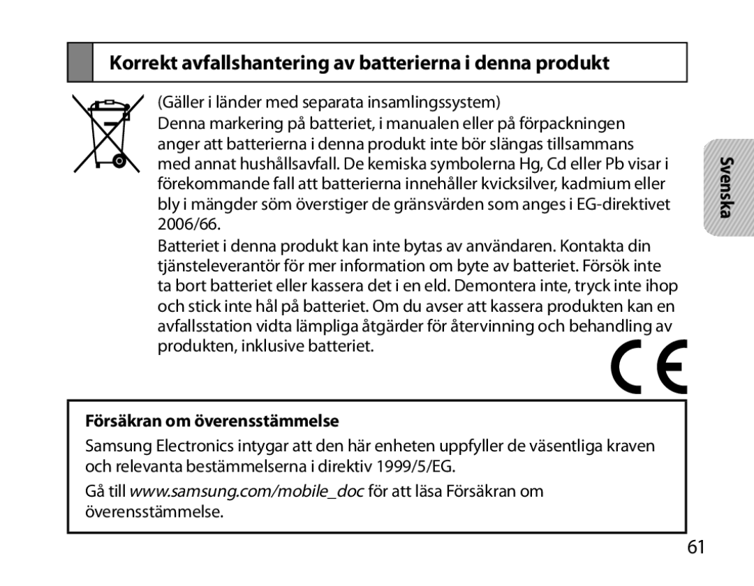 Samsung BHM7000EBRCSER manual Korrekt avfallshantering av batterierna i denna produkt, Försäkran om överensstämmelse 