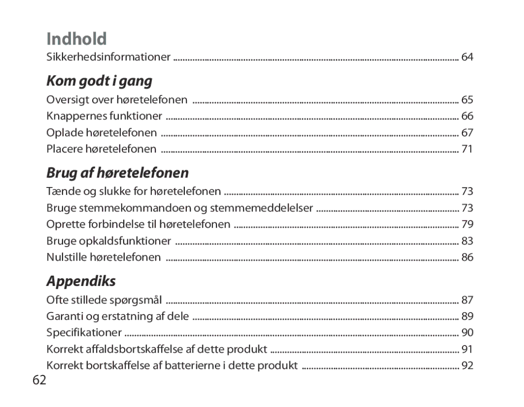 Samsung BHM7000EBECXEF, BHM7000EBECXEH, BHM7000EBECXEE, BHM7000EBRCSER manual Indhold 