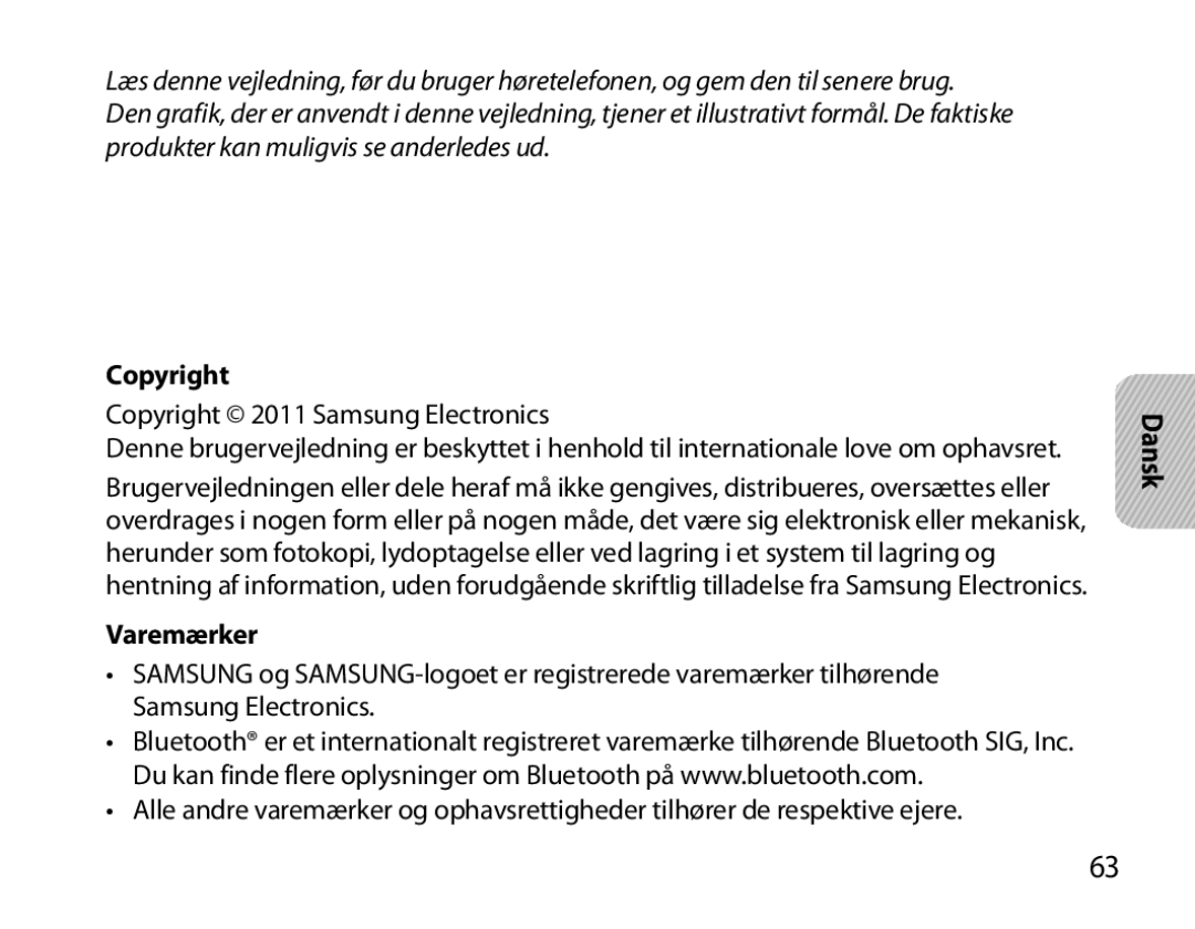 Samsung BHM7000EBECXEH, BHM7000EBECXEF, BHM7000EBECXEE, BHM7000EBRCSER manual Varemærker, Dansk 