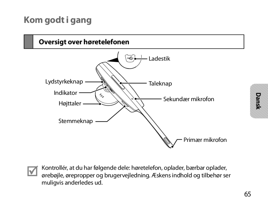 Samsung BHM7000EBRCSER, BHM7000EBECXEF, BHM7000EBECXEH, BHM7000EBECXEE manual Kom godt i gang, Oversigt over høretelefonen 