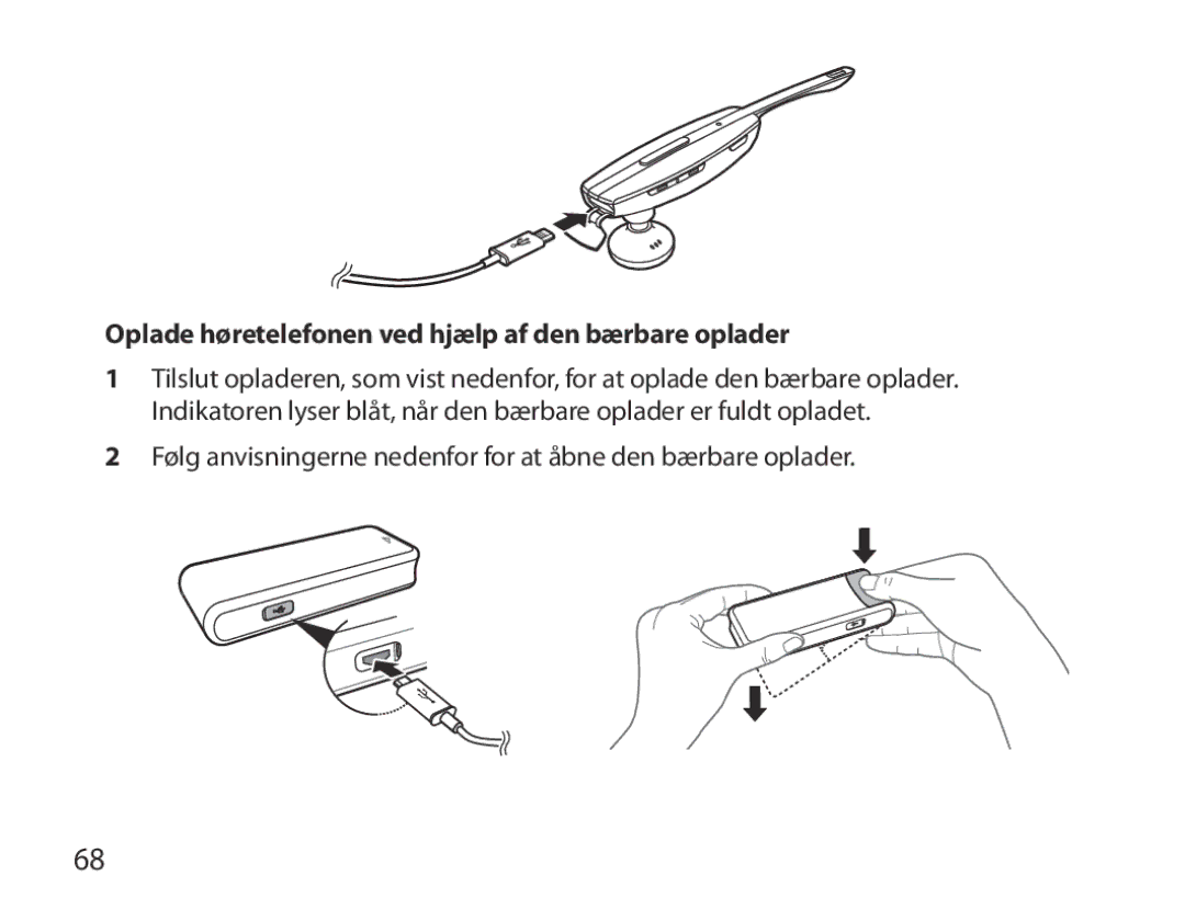 Samsung BHM7000EBECXEE, BHM7000EBECXEF, BHM7000EBECXEH, BHM7000EBRCSER Oplade høretelefonen ved hjælp af den bærbare oplader 