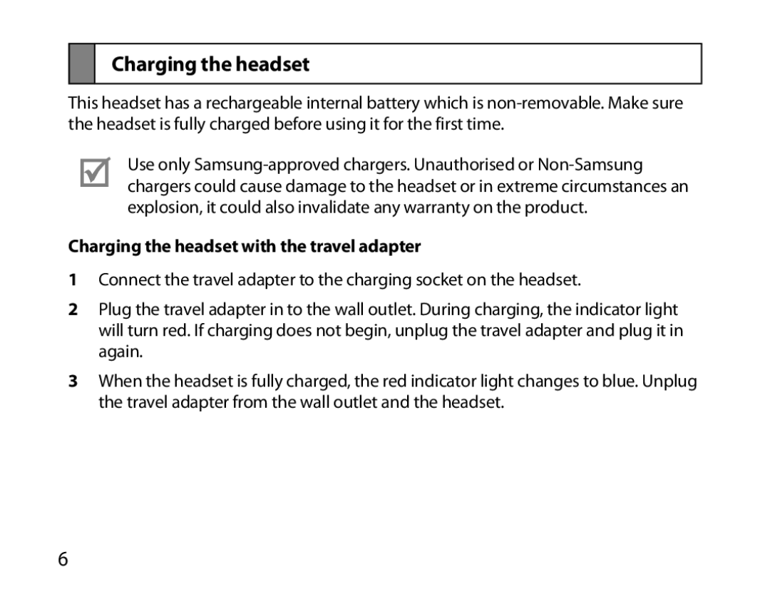 Samsung BHM7000EBECXEF, BHM7000EBECXEH, BHM7000EBECXEE, BHM7000EBRCSER manual Charging the headset with the travel adapter 