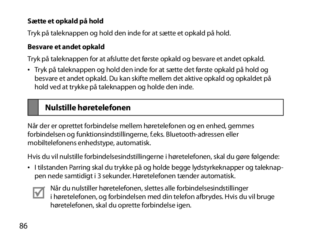 Samsung BHM7000EBECXEF, BHM7000EBECXEH manual Nulstille høretelefonen, Sætte et opkald på hold, Besvare et andet opkald 