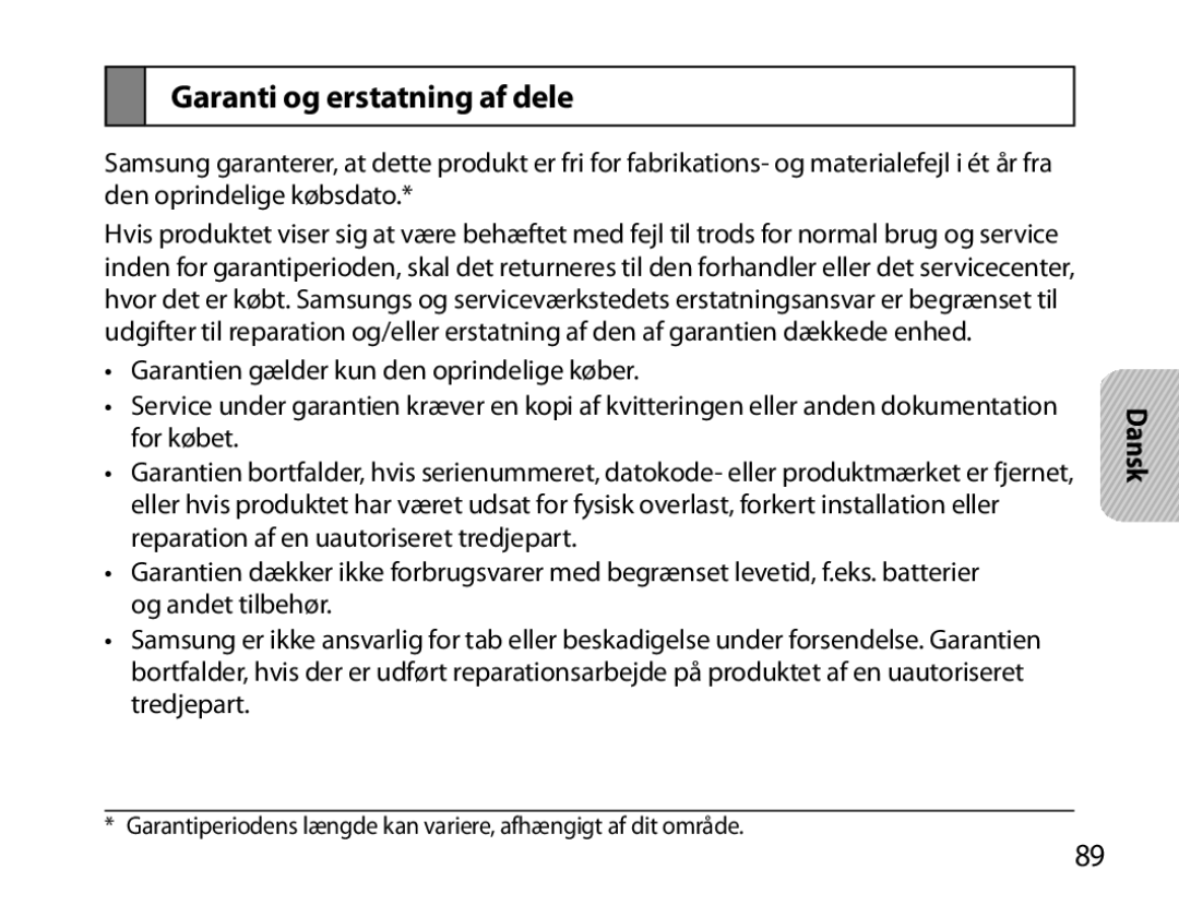 Samsung BHM7000EBRCSER, BHM7000EBECXEF, BHM7000EBECXEH, BHM7000EBECXEE manual Garanti og erstatning af dele 