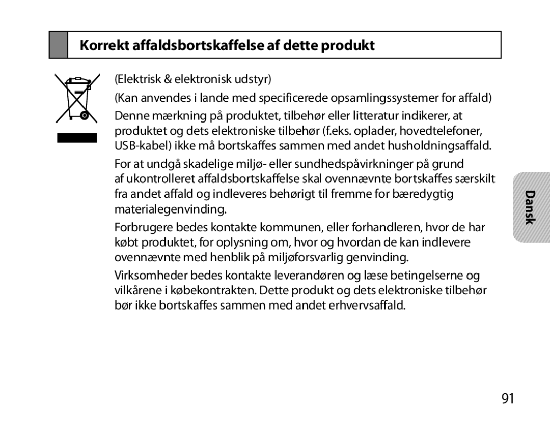 Samsung BHM7000EBECXEH, BHM7000EBECXEF, BHM7000EBECXEE, BHM7000EBRCSER manual Korrekt affaldsbortskaffelse af dette produkt 