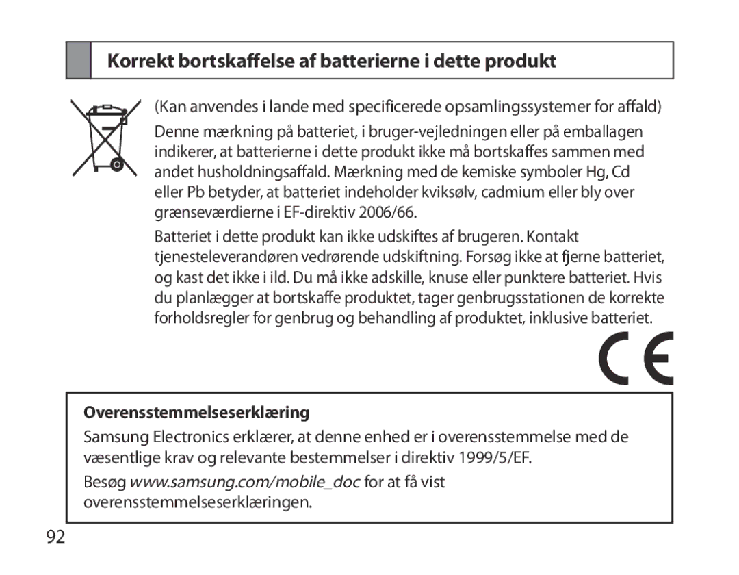 Samsung BHM7000EBECXEE, BHM7000EBECXEF Korrekt bortskaffelse af batterierne i dette produkt, Overensstemmelseserklæring 