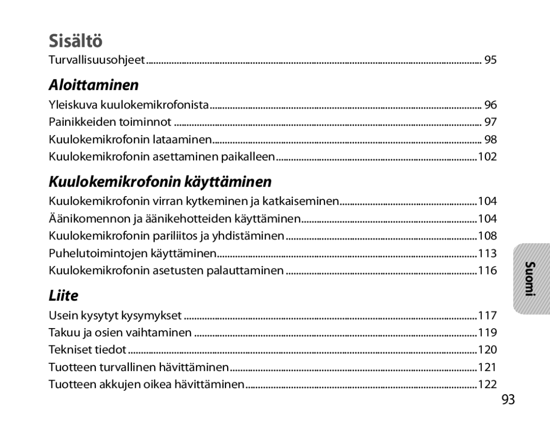 Samsung BHM7000EBRCSER, BHM7000EBECXEF, BHM7000EBECXEH, BHM7000EBECXEE manual Sisältö, Suomi 