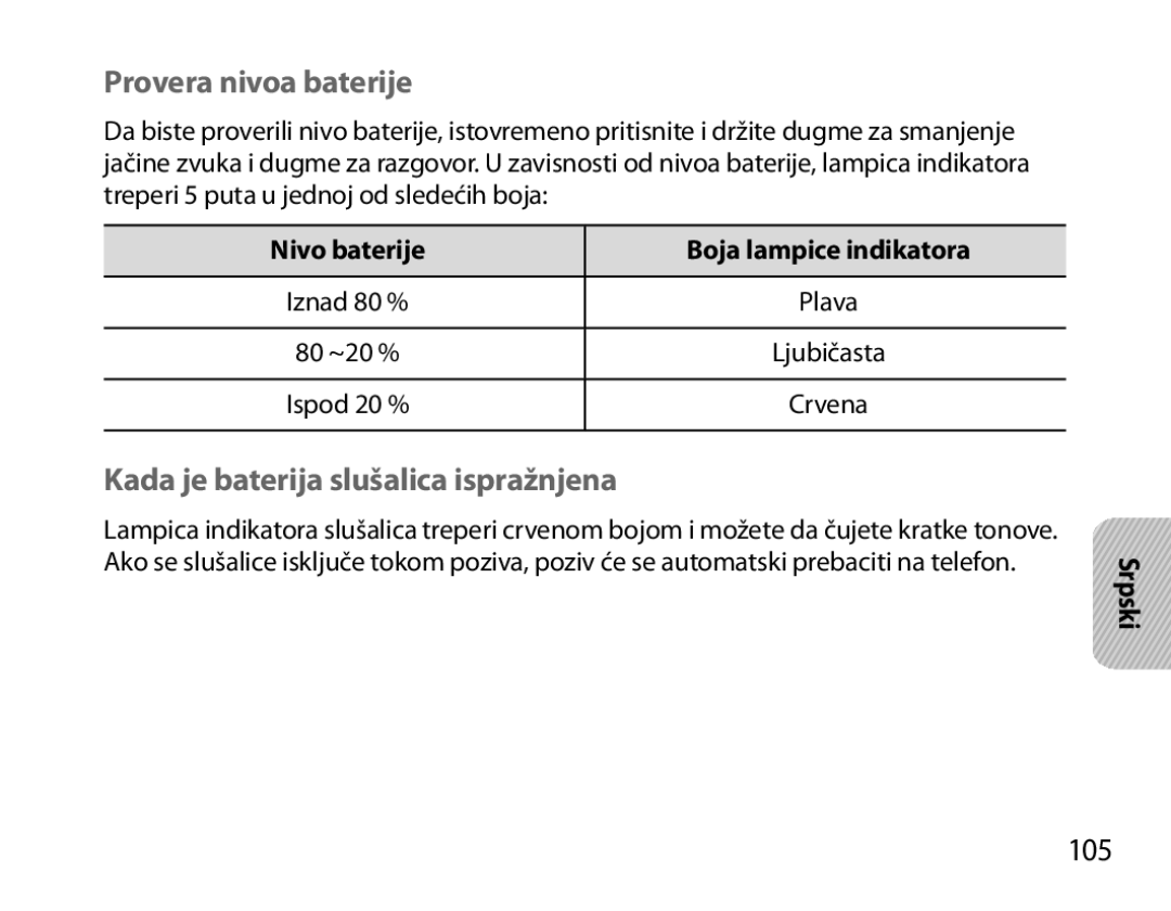 Samsung BHM7000EBRCSER, BHM7000EBECXEF, BHM7000EBECXEH Provera nivoa baterije, Kada je baterija slušalica ispražnjena, 105 