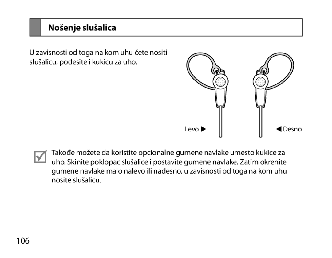 Samsung BHM7000EBECXEF, BHM7000EBECXEH, BHM7000EBECXEE, BHM7000EBRCSER manual Nošenje slušalica, 106 