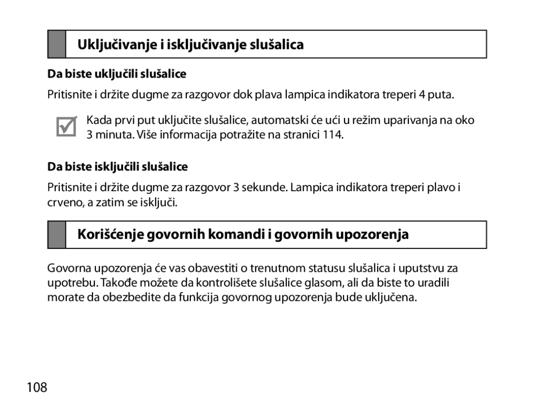 Samsung BHM7000EBECXEE Uključivanje i isključivanje slušalica, Korišćenje govornih komandi i govornih upozorenja, 108 