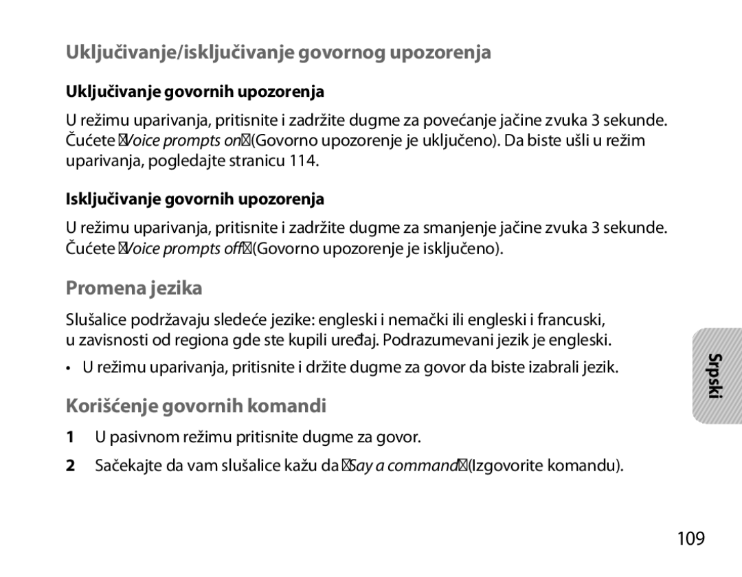 Samsung BHM7000EBRCSER Uključivanje/isključivanje govornog upozorenja, Promena jezika, Korišćenje govornih komandi, 109 