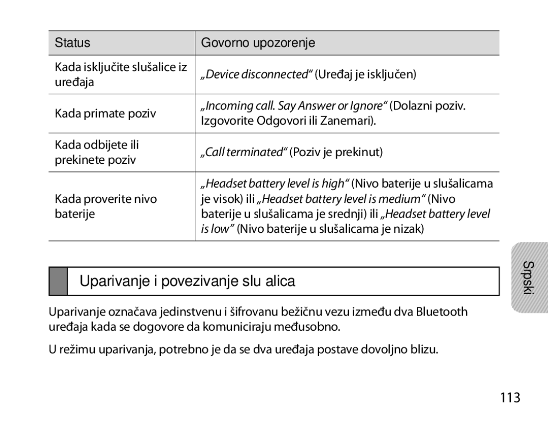 Samsung BHM7000EBRCSER, BHM7000EBECXEF, BHM7000EBECXEH, BHM7000EBECXEE manual Uparivanje i povezivanje slušalica, 113 