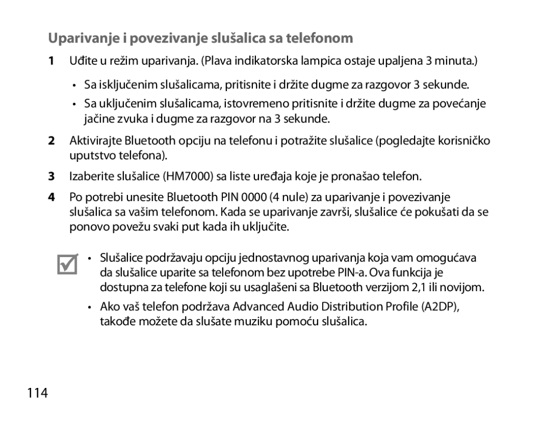 Samsung BHM7000EBECXEF, BHM7000EBECXEH, BHM7000EBECXEE, BHM7000EBRCSER Uparivanje i povezivanje slušalica sa telefonom, 114 