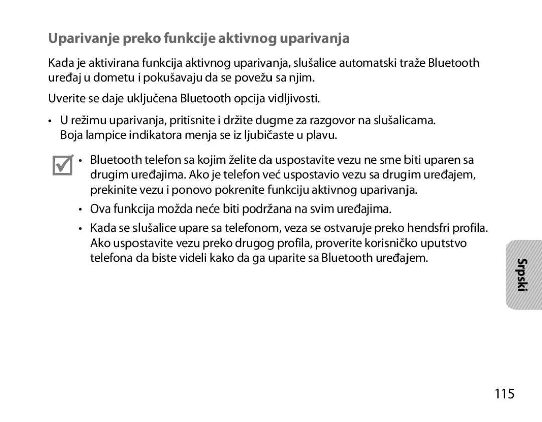 Samsung BHM7000EBECXEH, BHM7000EBECXEF, BHM7000EBECXEE, BHM7000EBRCSER Uparivanje preko funkcije aktivnog uparivanja, 115 