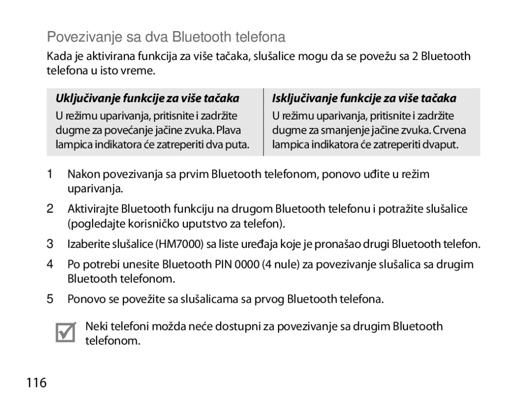 Samsung BHM7000EBECXEE, BHM7000EBECXEF, BHM7000EBECXEH, BHM7000EBRCSER manual Povezivanje sa dva Bluetooth telefona, 116 