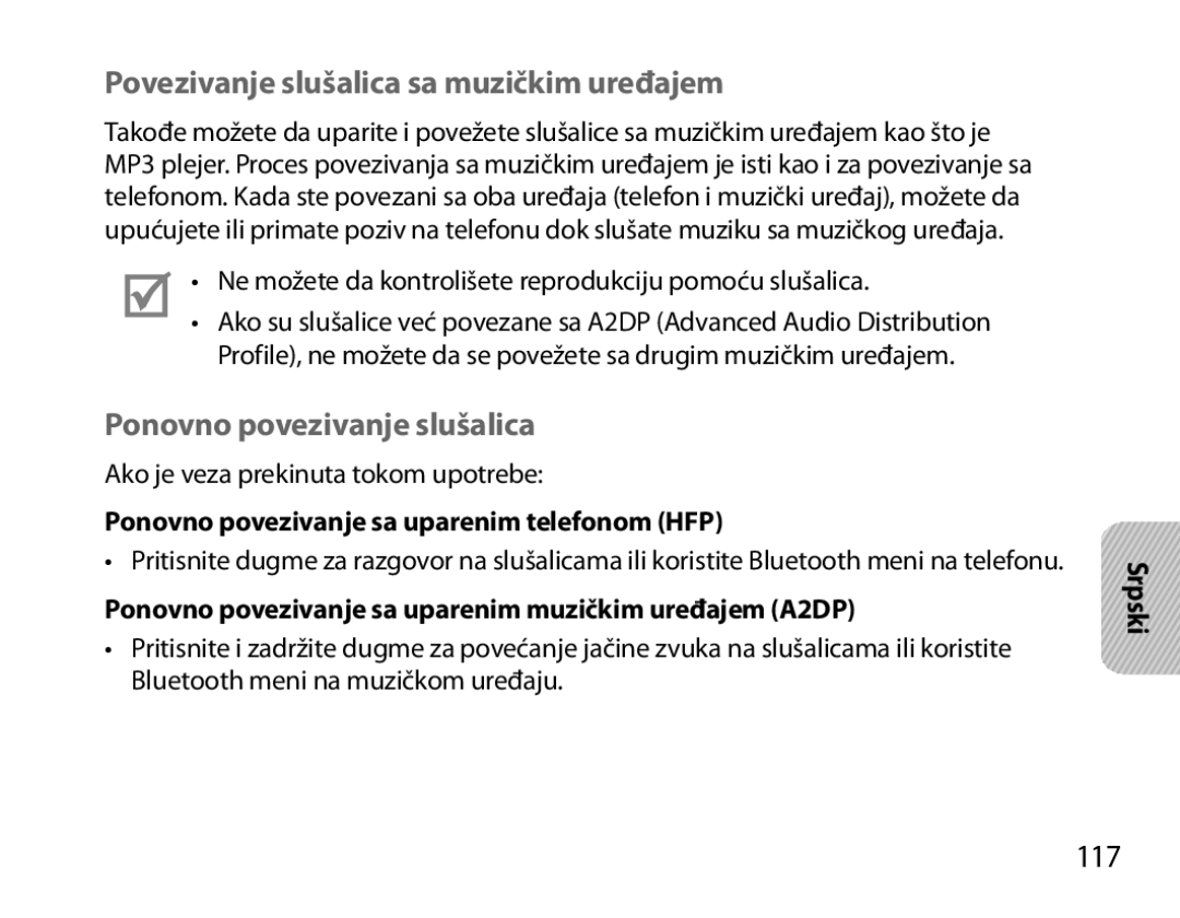 Samsung BHM7000EBRCSER, BHM7000EBECXEF manual Povezivanje slušalica sa muzičkim uređajem, Ponovno povezivanje slušalica, 117 