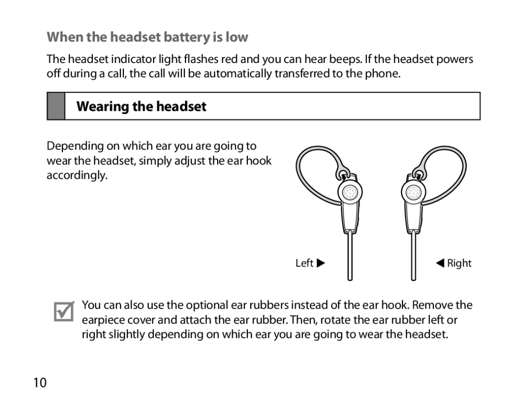 Samsung BHM7000EBECXEF, BHM7000EBECXEH, BHM7000EBECXEE, BHM7000EBRCSER When the headset battery is low, Wearing the headset 