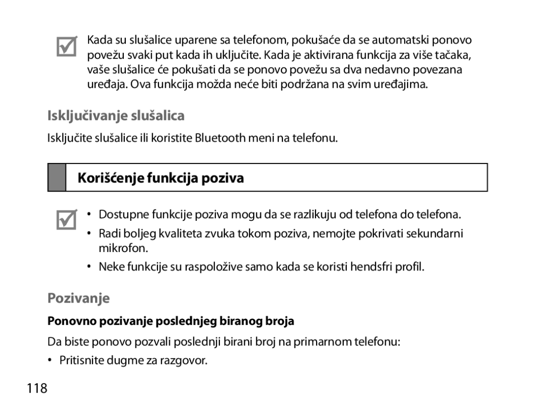 Samsung BHM7000EBECXEF, BHM7000EBECXEH, BHM7000EBECXEE Isključivanje slušalica, Korišćenje funkcija poziva, Pozivanje, 118 