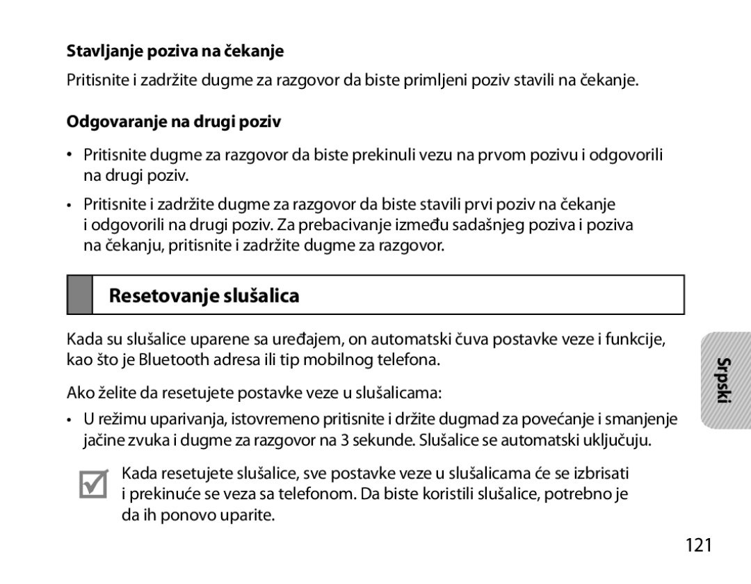 Samsung BHM7000EBRCSER manual Resetovanje slušalica, 121, Stavljanje poziva na čekanje, Odgovaranje na drugi poziv 