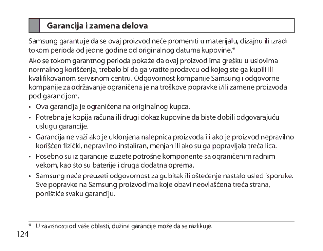 Samsung BHM7000EBECXEE, BHM7000EBECXEF, BHM7000EBECXEH, BHM7000EBRCSER manual Garancija i zamena delova, 124 