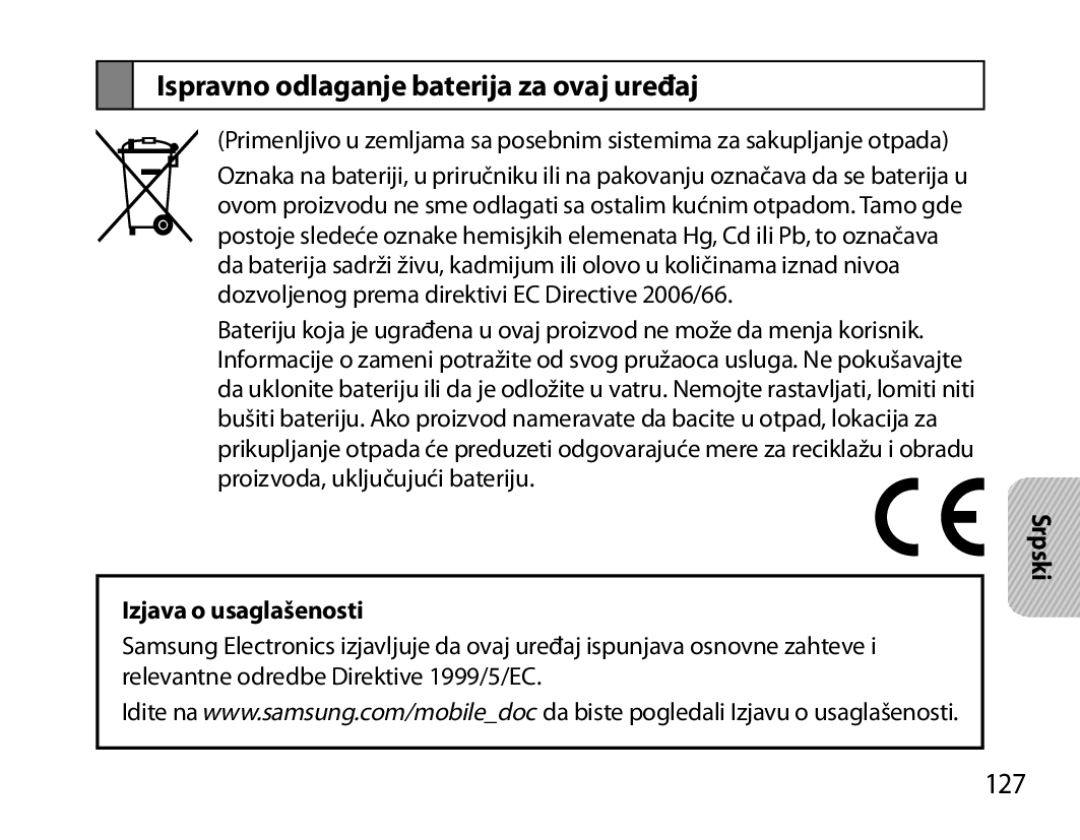 Samsung BHM7000EBECXEH, BHM7000EBECXEF manual Ispravno odlaganje baterija za ovaj uređaj, 127, Izjava o usaglašenosti 