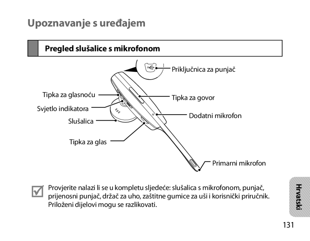 Samsung BHM7000EBECXEH, BHM7000EBECXEF, BHM7000EBECXEE manual Upoznavanje s uređajem, Pregled slušalice s mikrofonom, 131 