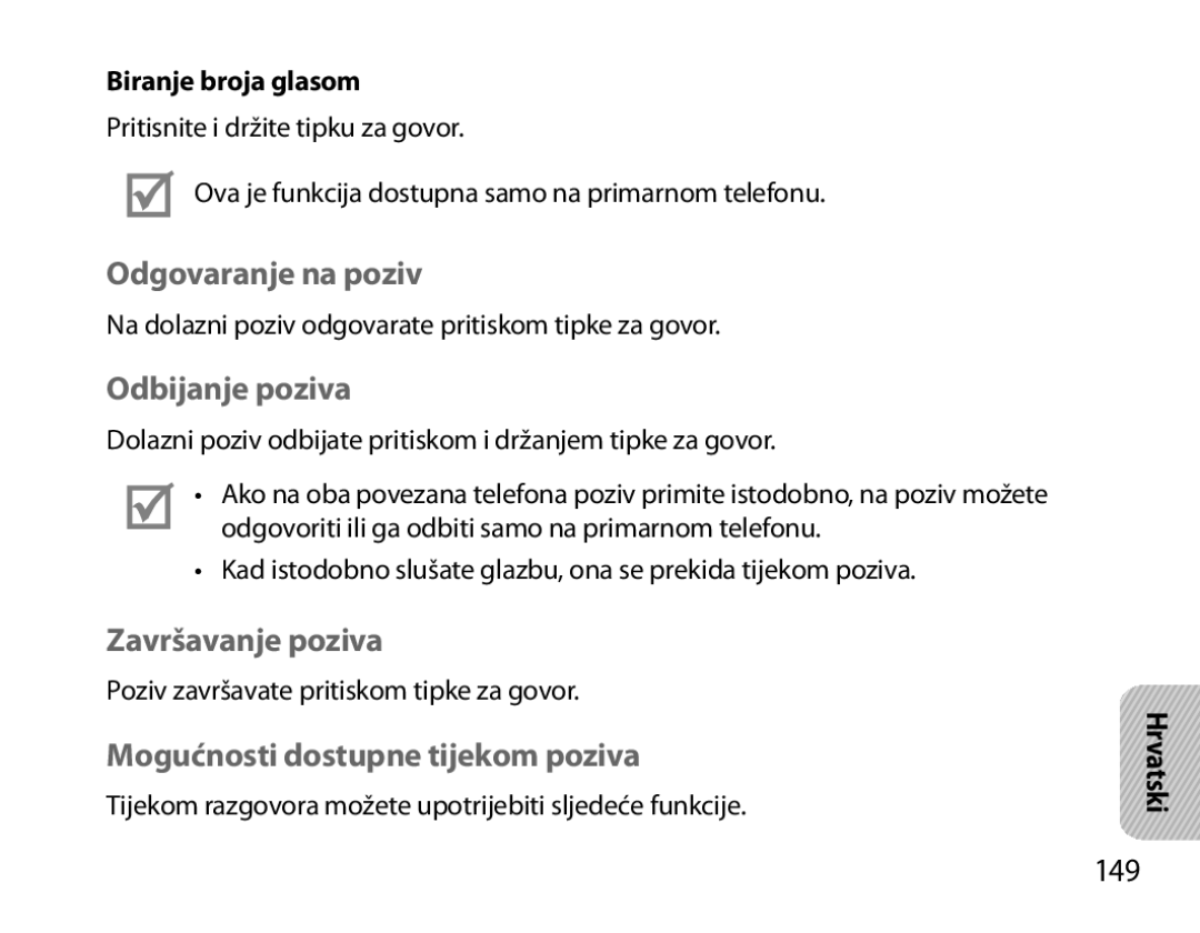 Samsung BHM7000EBRCSER, BHM7000EBECXEF, BHM7000EBECXEH manual Završavanje poziva, Mogućnosti dostupne tijekom poziva, 149 