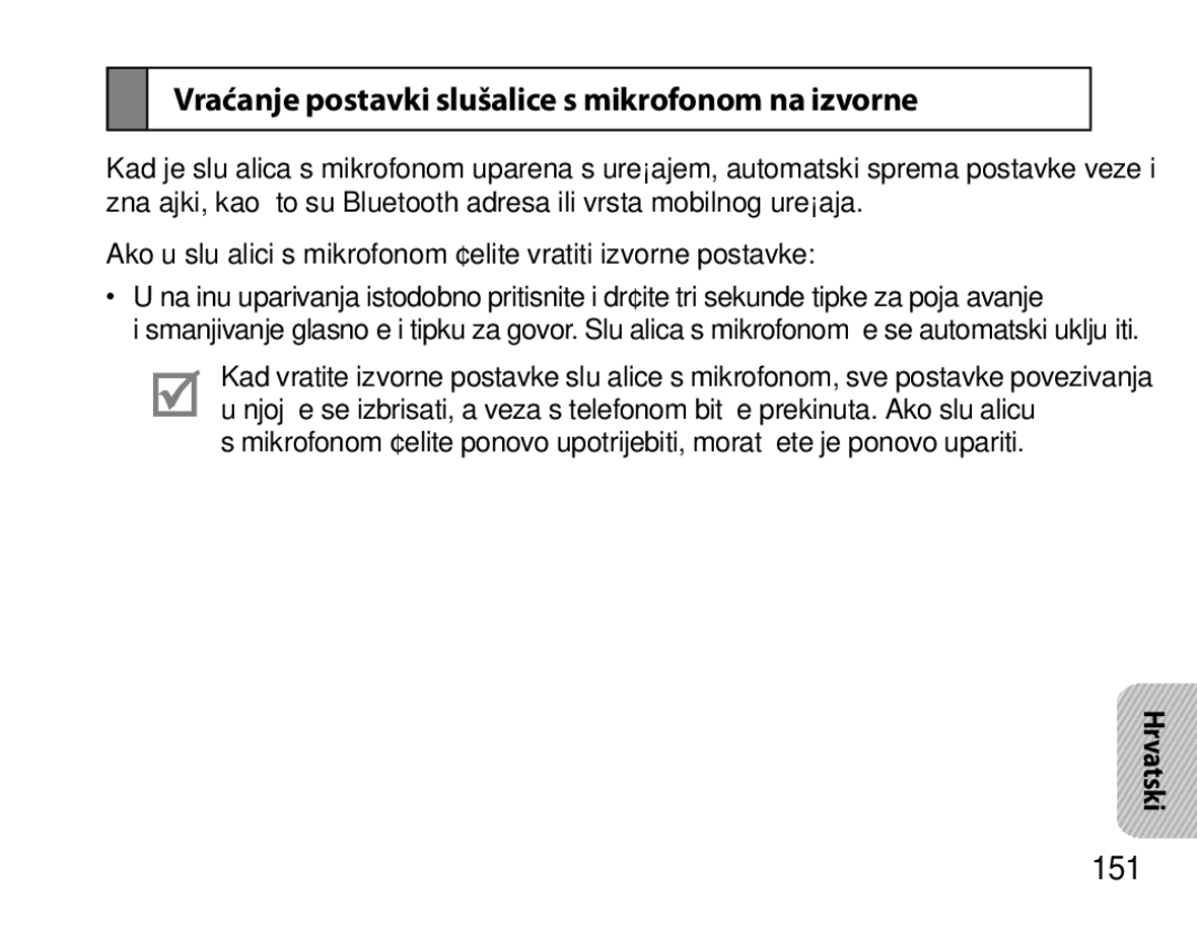 Samsung BHM7000EBECXEH, BHM7000EBECXEF, BHM7000EBECXEE manual Vraćanje postavki slušalice s mikrofonom na izvorne, 151 