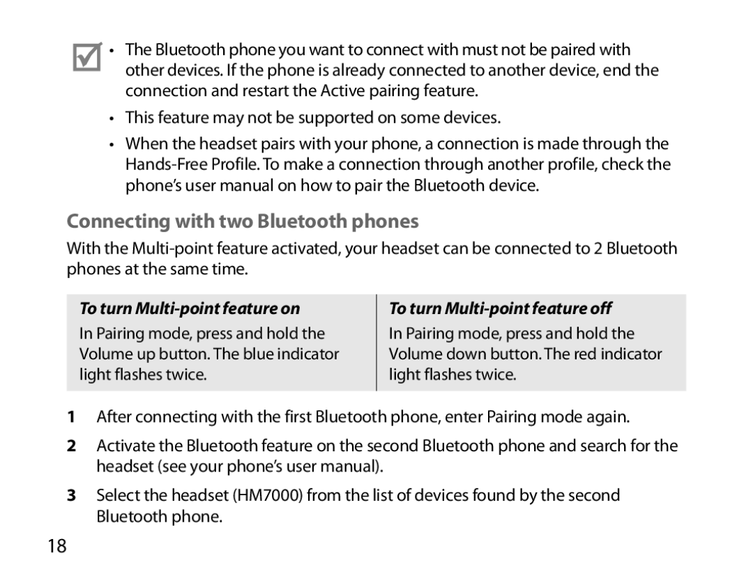 Samsung BHM7000EBECXEF, BHM7000EBECXEH manual Connecting with two Bluetooth phones, To turn Multi-point feature off 