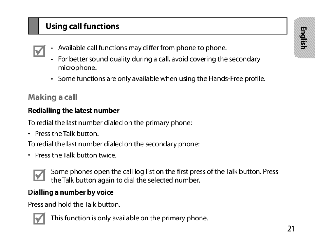 Samsung BHM7000EBRCSER manual Using call functions, Making a call, Redialling the latest number, Dialling a number by voice 