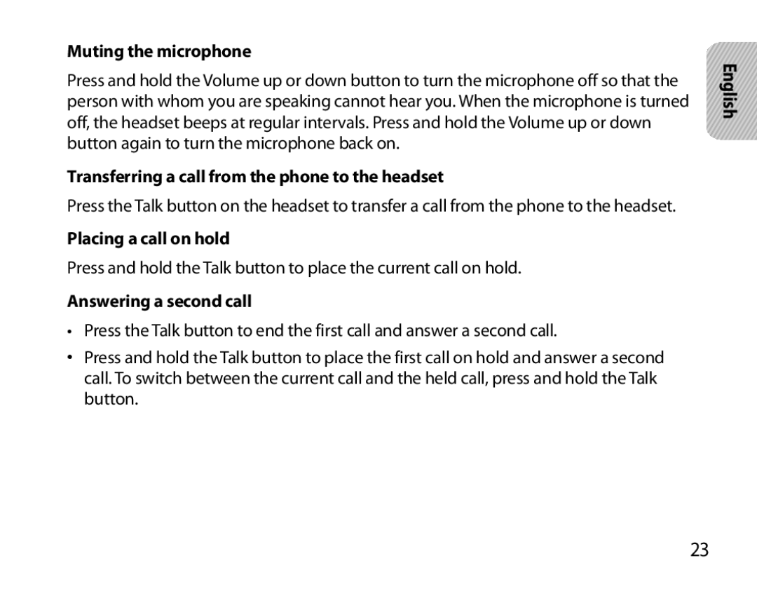 Samsung BHM7000EBECXEH Muting the microphone, Transferring a call from the phone to the headset, Placing a call on hold 