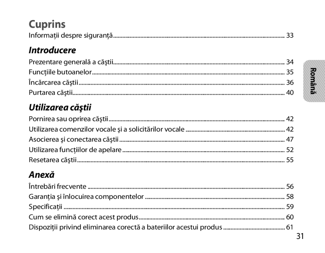 Samsung BHM7000EBECXEH, BHM7000EBECXEF, BHM7000EBECXEE, BHM7000EBRCSER manual Cuprins, Română 