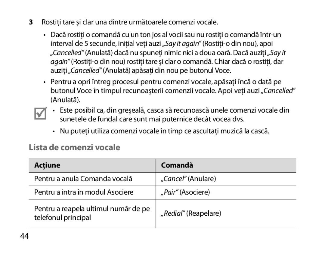 Samsung BHM7000EBECXEE, BHM7000EBECXEF, BHM7000EBECXEH, BHM7000EBRCSER manual Lista de comenzi vocale, Acţiune Comandă 